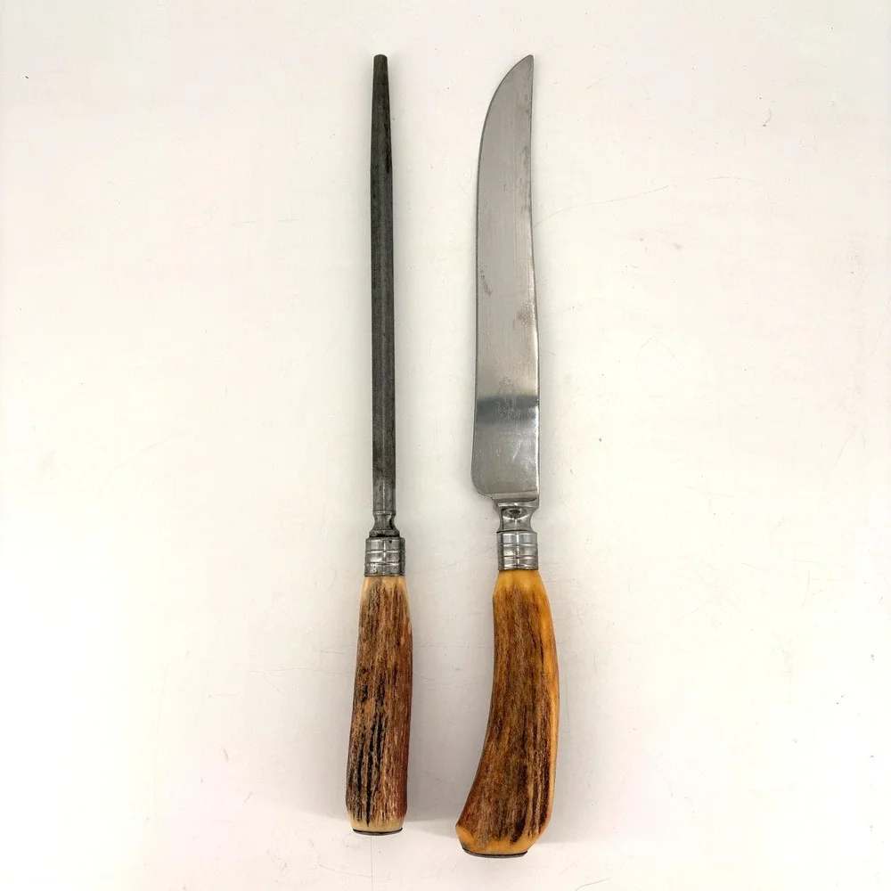 Vintage Sheffield England Stag Handle Carving Knife & Honing Steel Set
